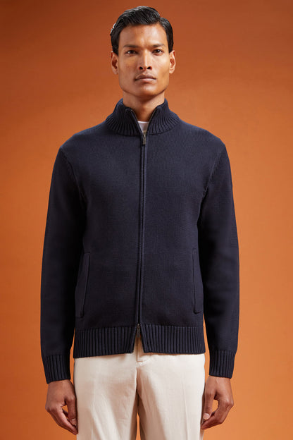 Men's regular fit zipped high neck cardigan in 100% cotton