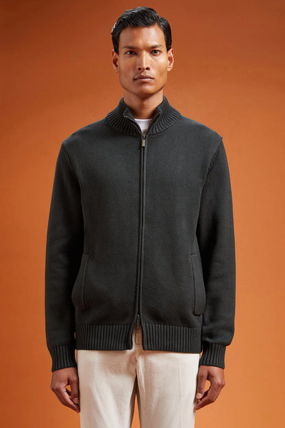 Men's regular fit zipped high neck cardigan in 100% cotton