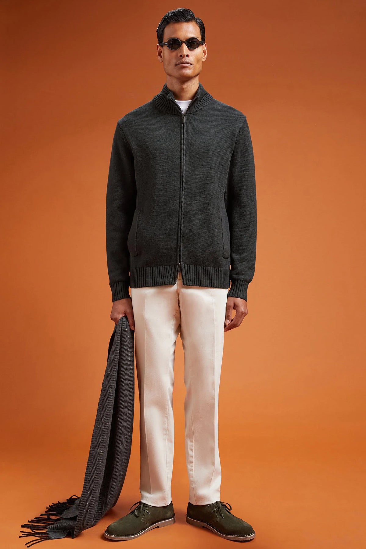 Men's regular fit zipped high neck cardigan in 100% cotton