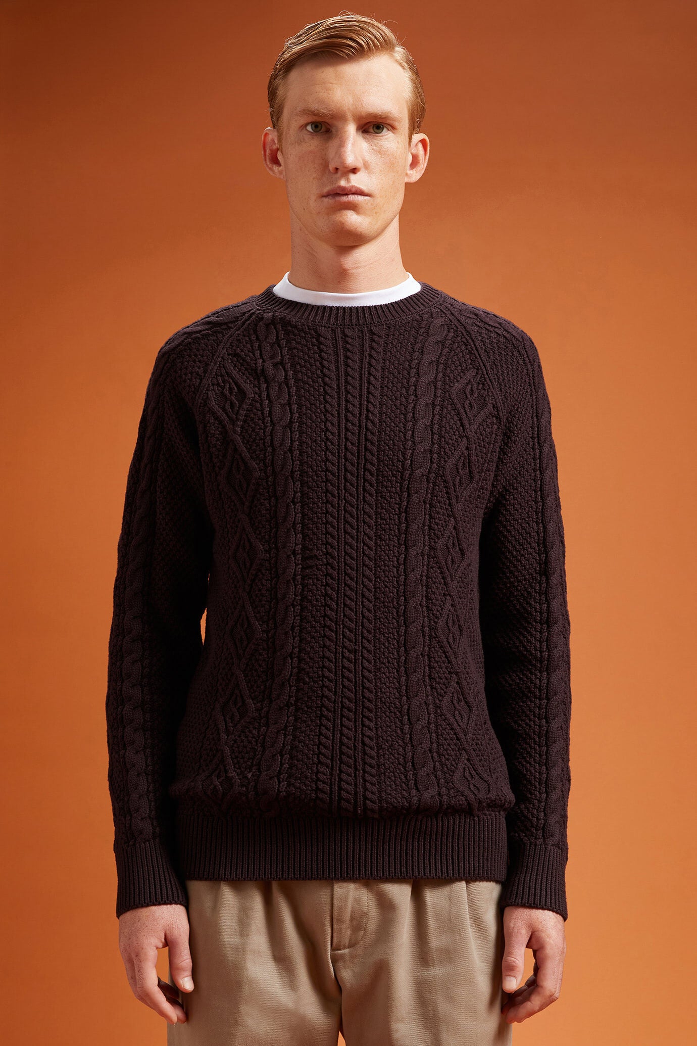Men's regular fit cable knit jumper in 100% cotton with a crew neck