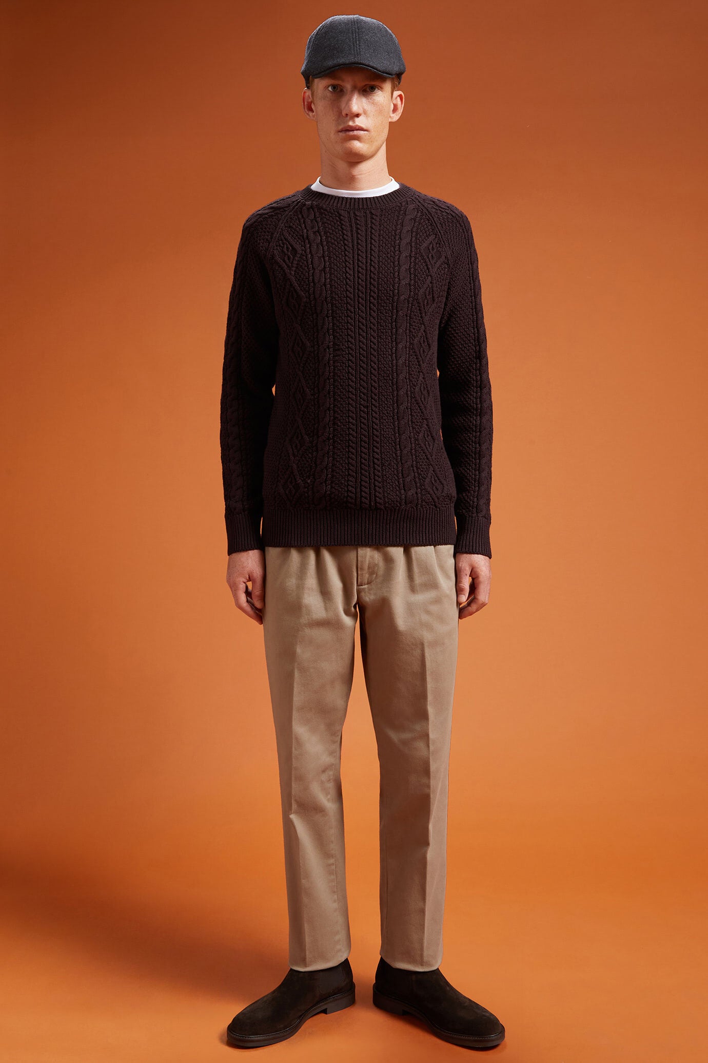 Men's regular fit cable knit jumper in 100% cotton with a crew neck