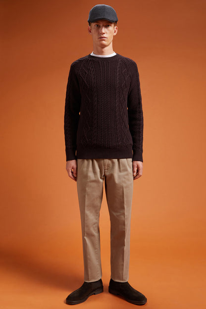 Men's regular fit cable knit jumper in 100% cotton with a crew neck