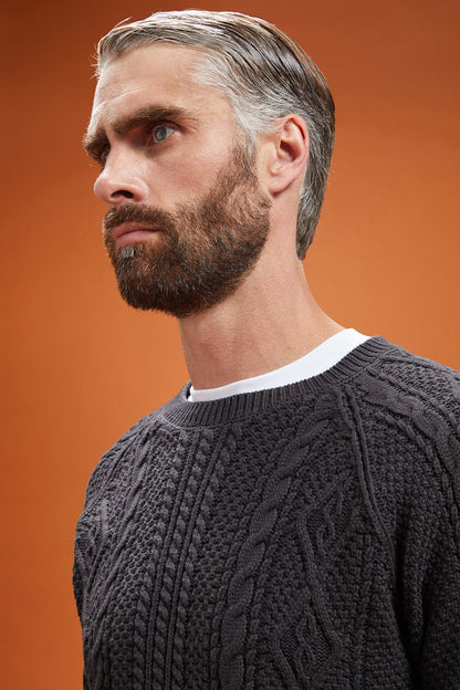 Men's regular fit cable knit jumper in 100% cotton with a crew neck