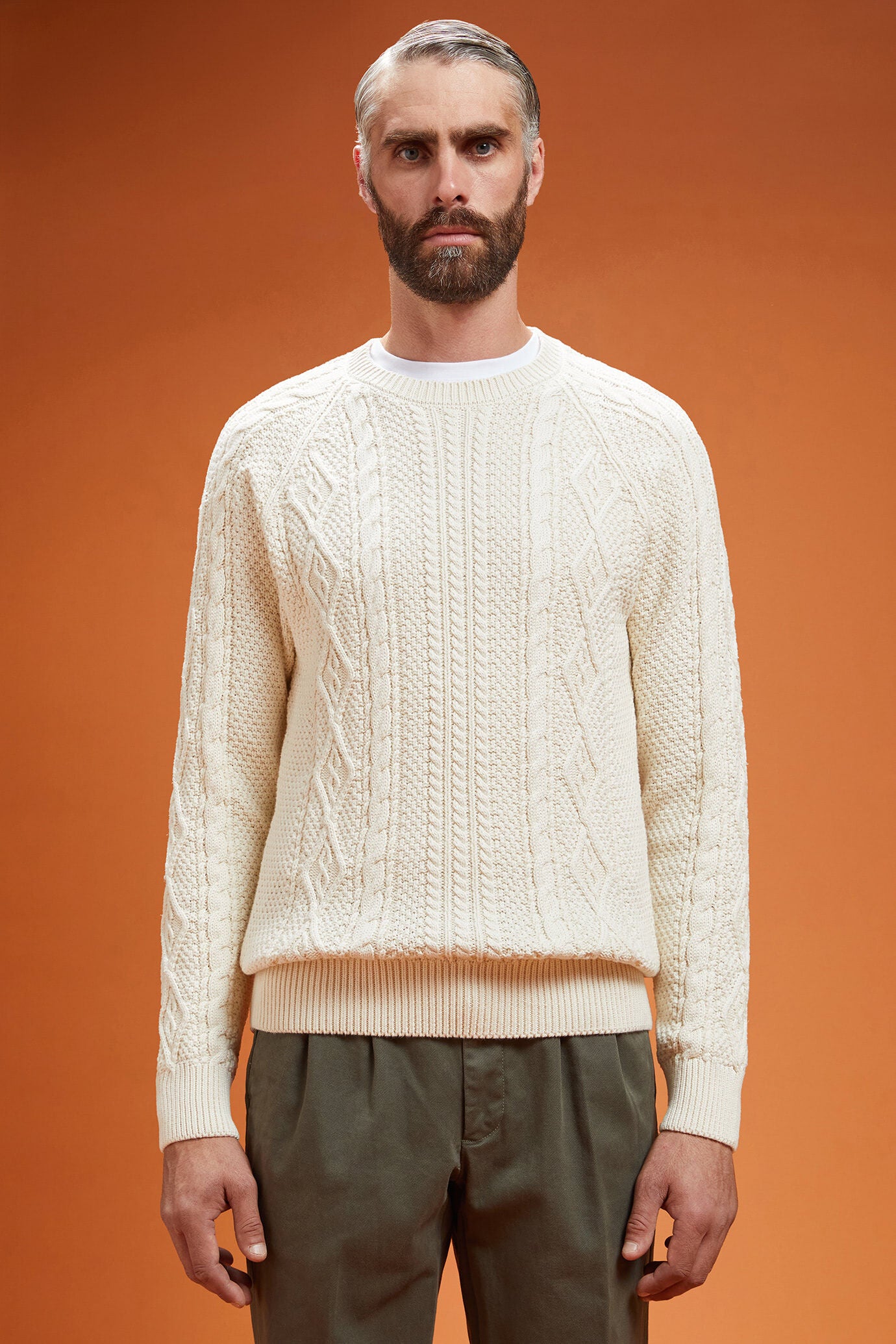 Men's regular fit cable knit jumper in 100% cotton with a crew neck