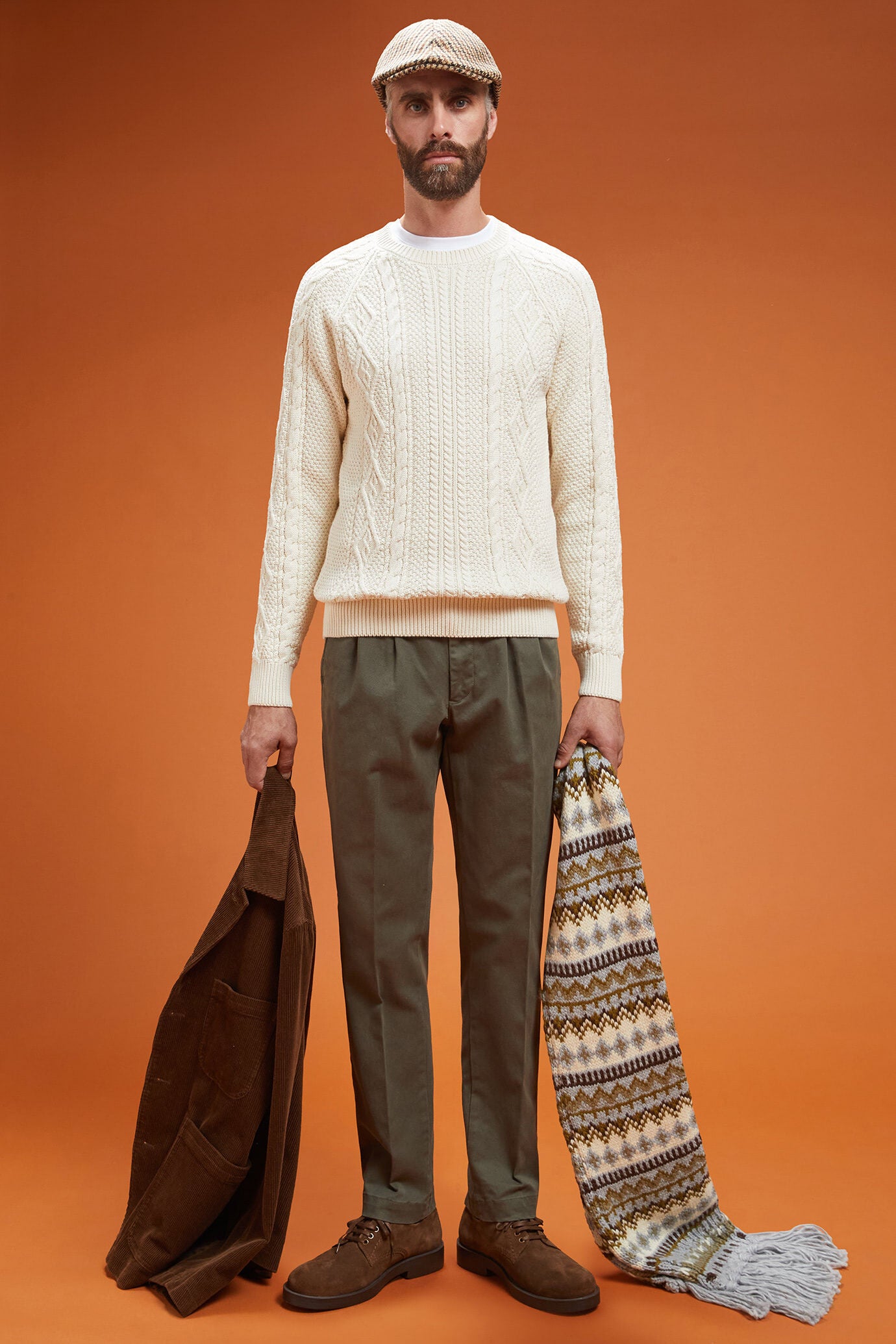 Men's regular fit cable knit jumper in 100% cotton with a crew neck