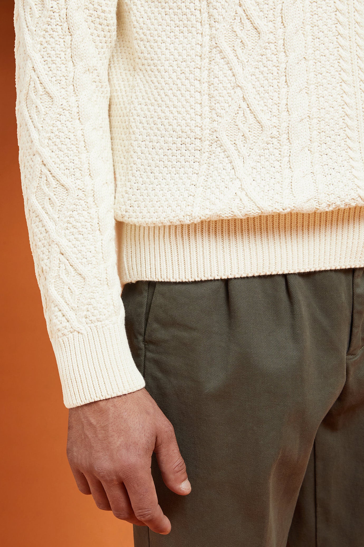 Men's regular fit cable knit jumper in 100% cotton with a crew neck