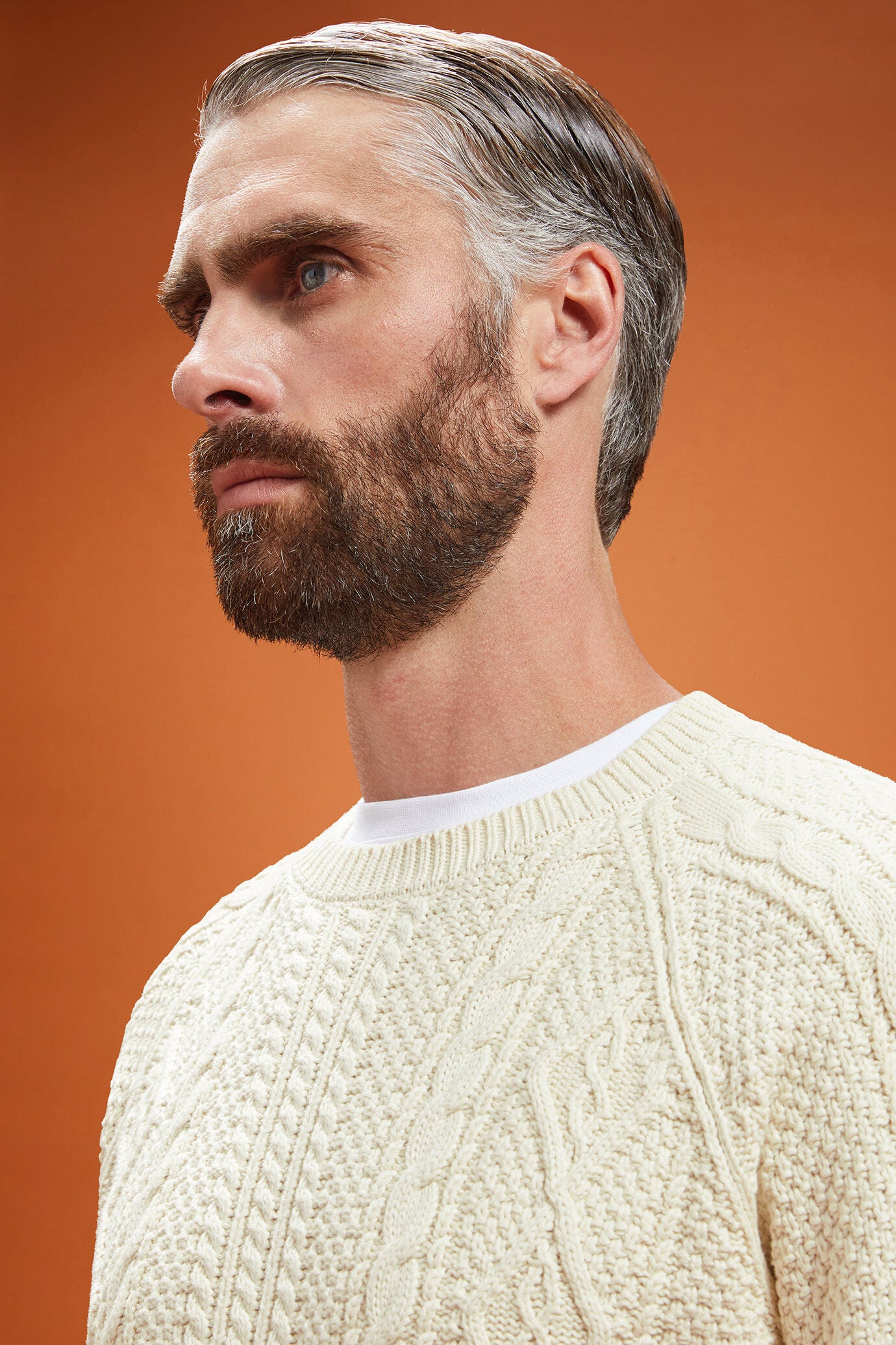 Men's regular fit cable knit jumper in 100% cotton with a crew neck