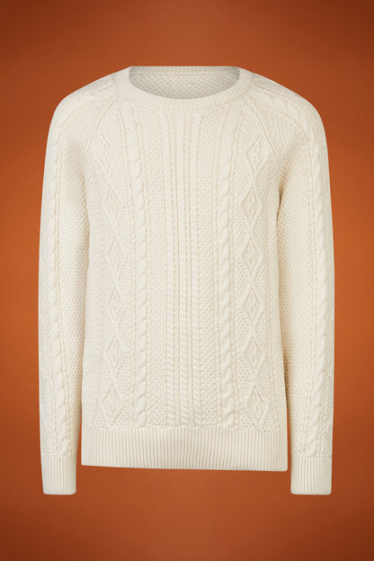 Men's regular fit cable knit jumper in 100% cotton with a crew neck