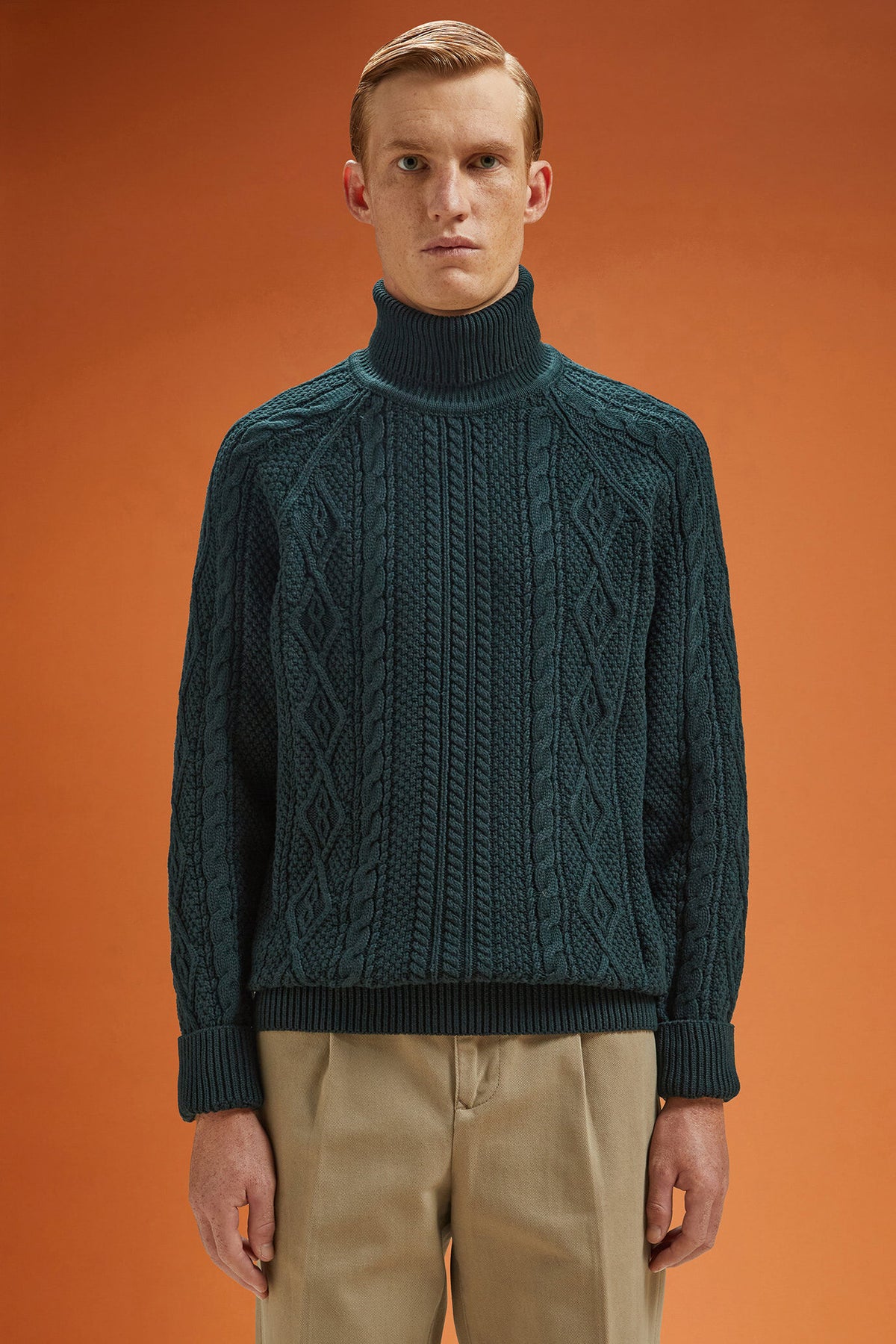 Men's regular fit cable knit jumper in 100% cotton with a high neck