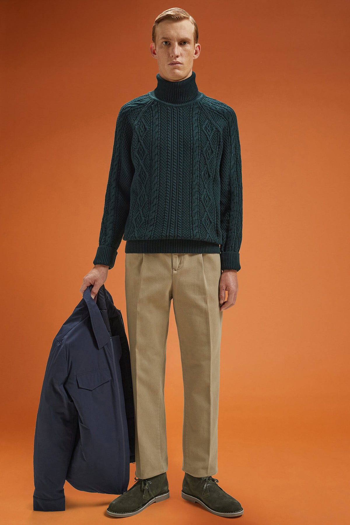 Men's regular fit cable knit jumper in 100% cotton with a high neck