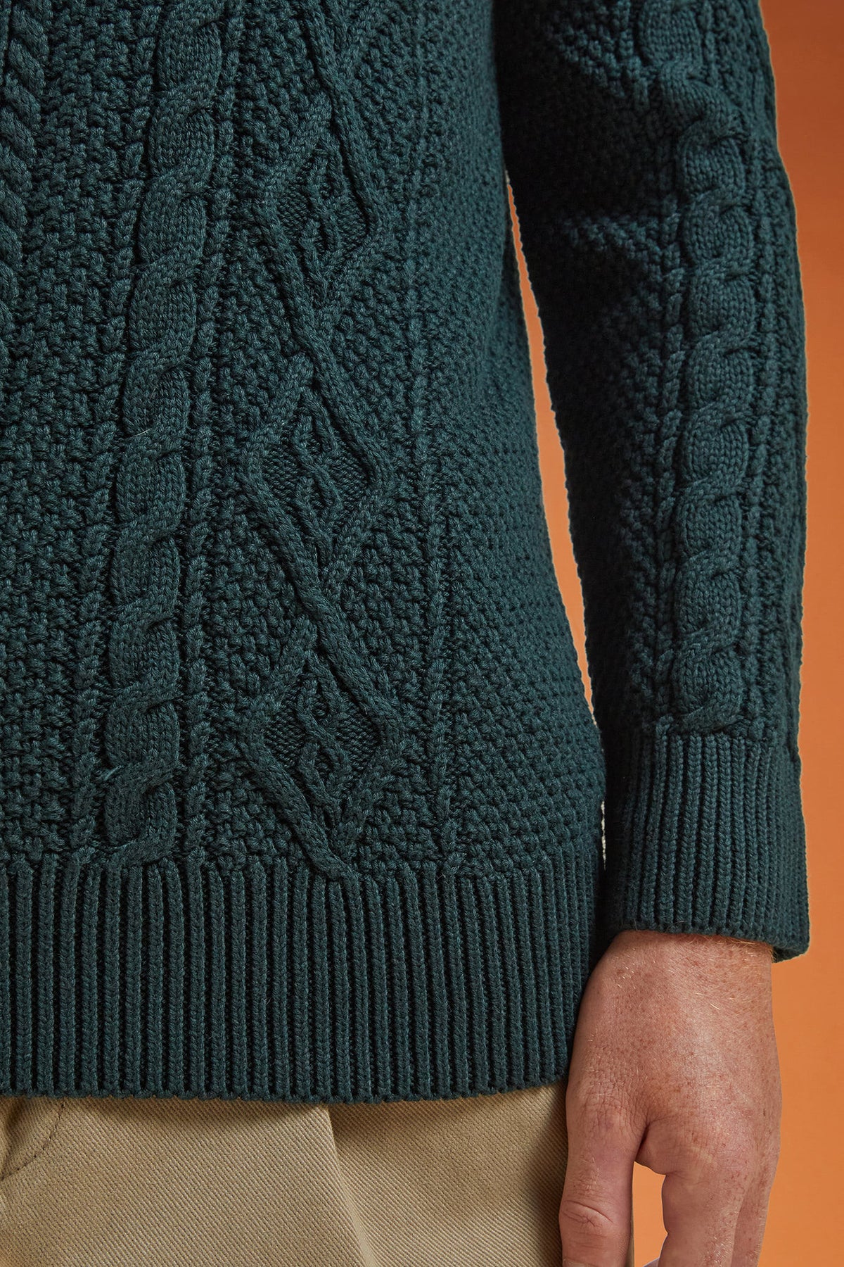 Men's regular fit cable knit jumper in 100% cotton with a high neck