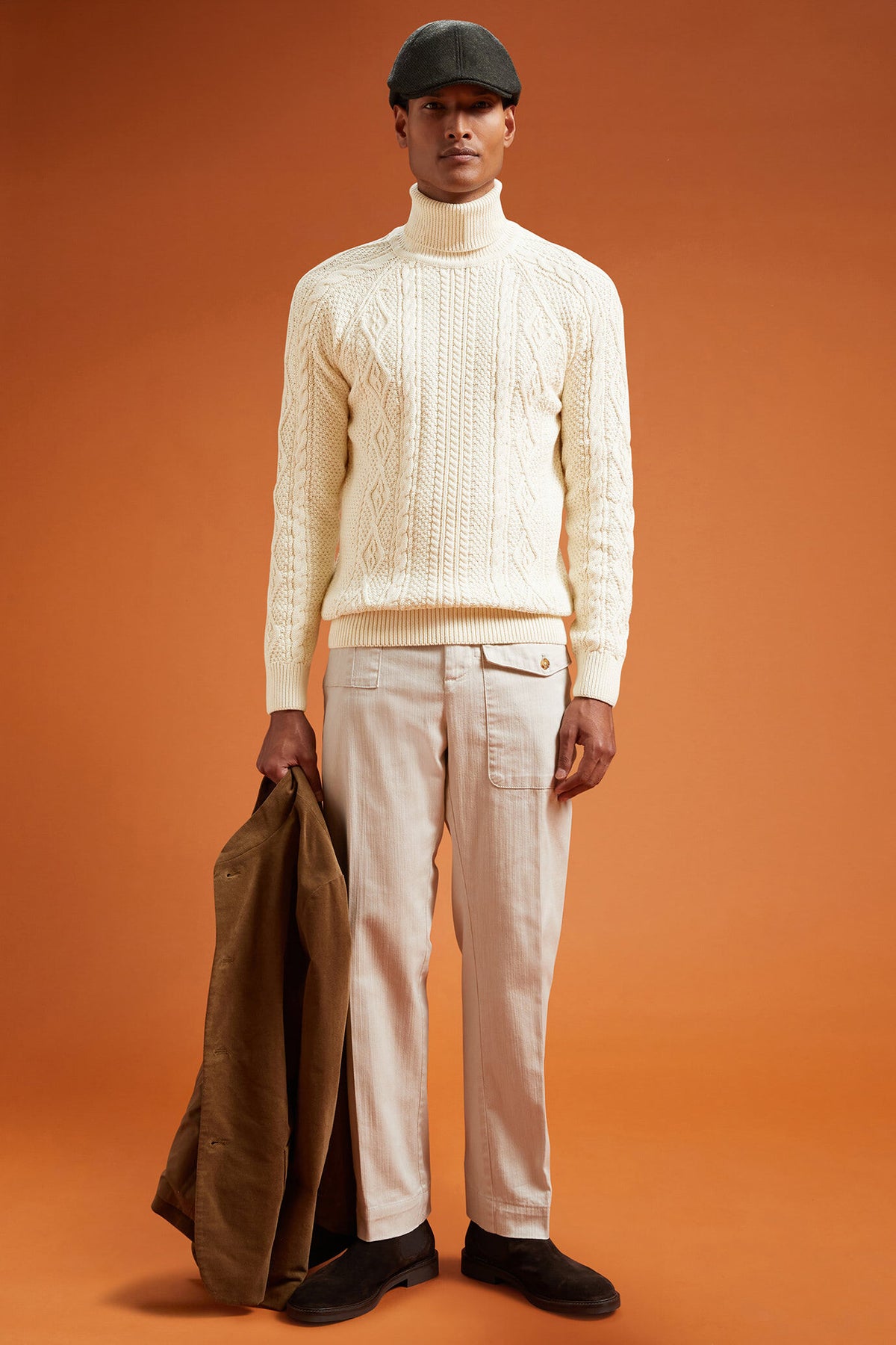 Men's regular fit cable knit jumper in 100% cotton with a high neck