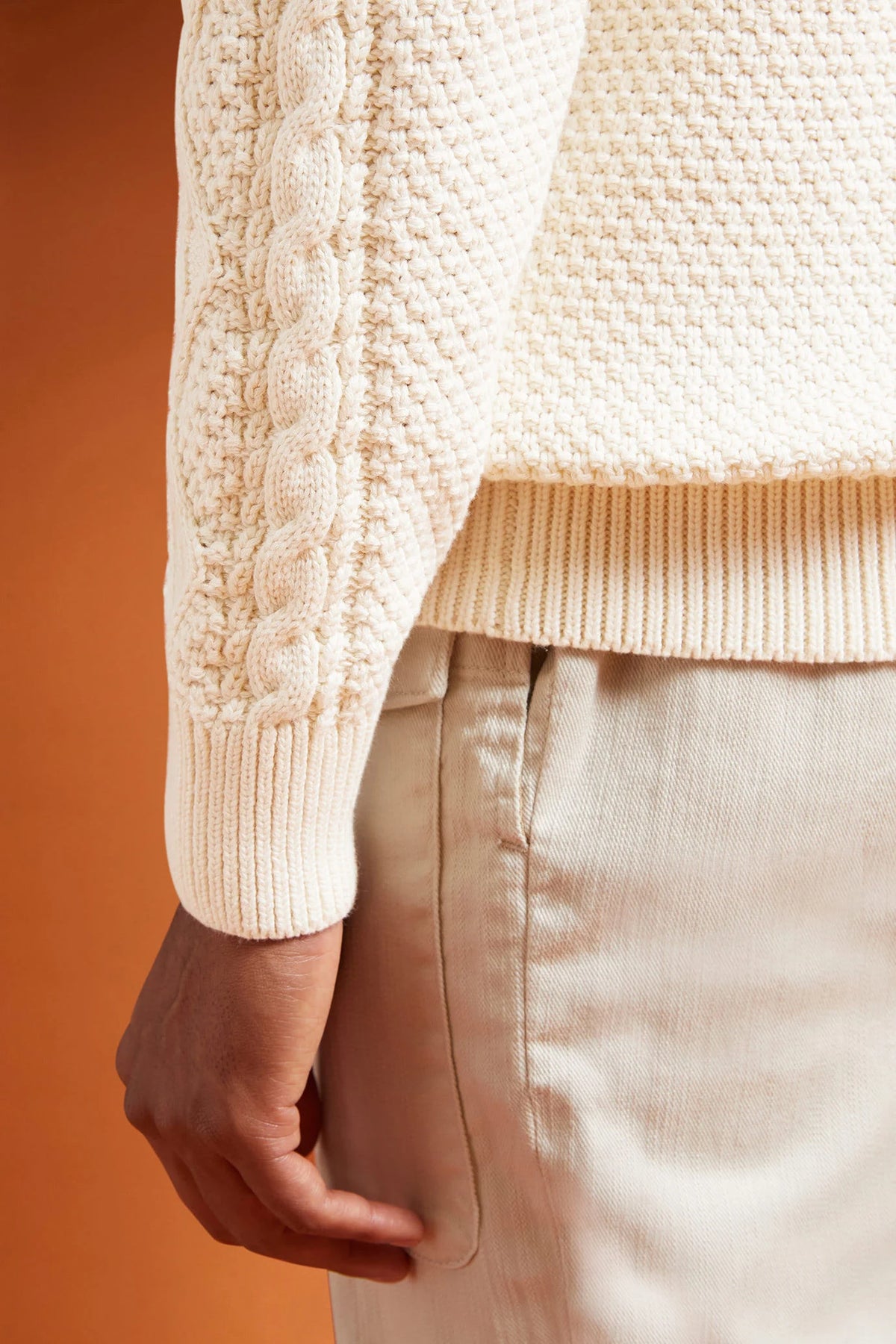 Men's regular fit cable knit jumper in 100% cotton with a high neck