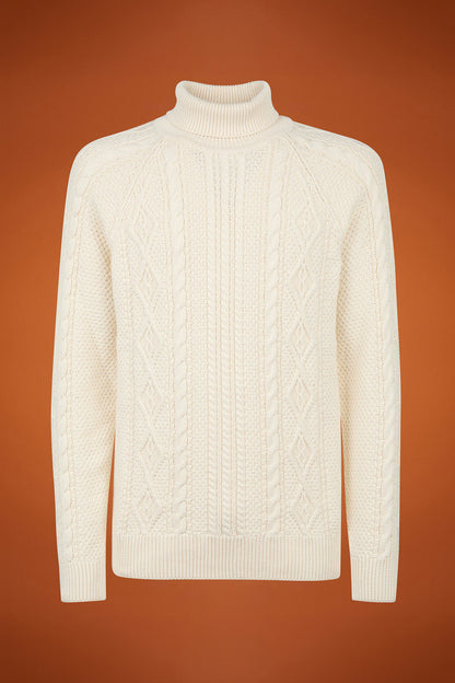 Men's regular fit cable knit jumper in 100% cotton with a high neck
