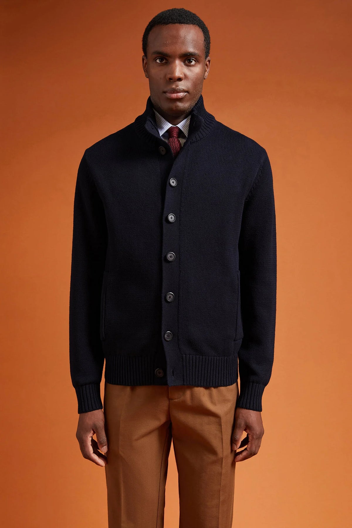 Men's regular fit high neck cardigan in 100% cotton
