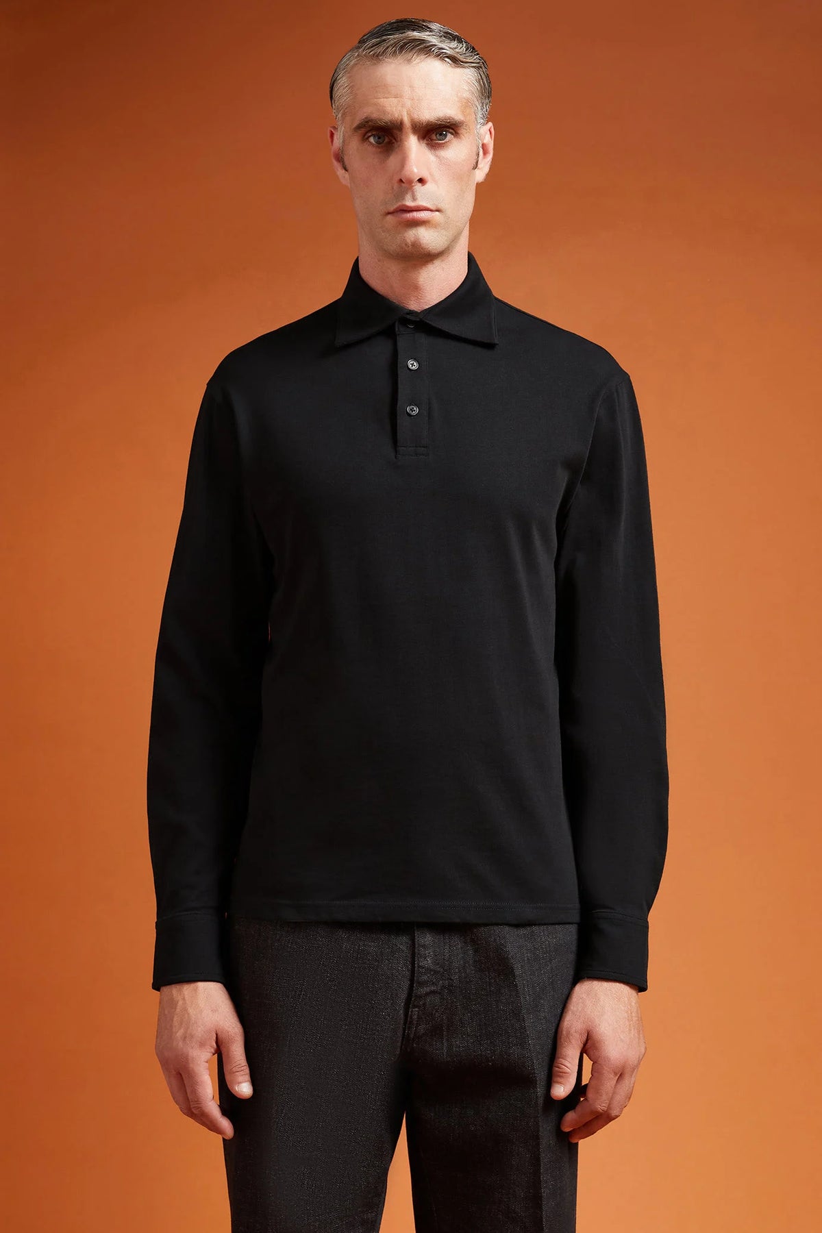 Men's long-sleeved 100% cotton polo shirt with a classic collar in a regular fit