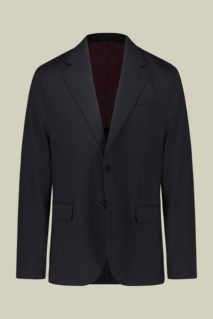 Single-breasted men's suit with flat front trousers in a pinstripe fabric