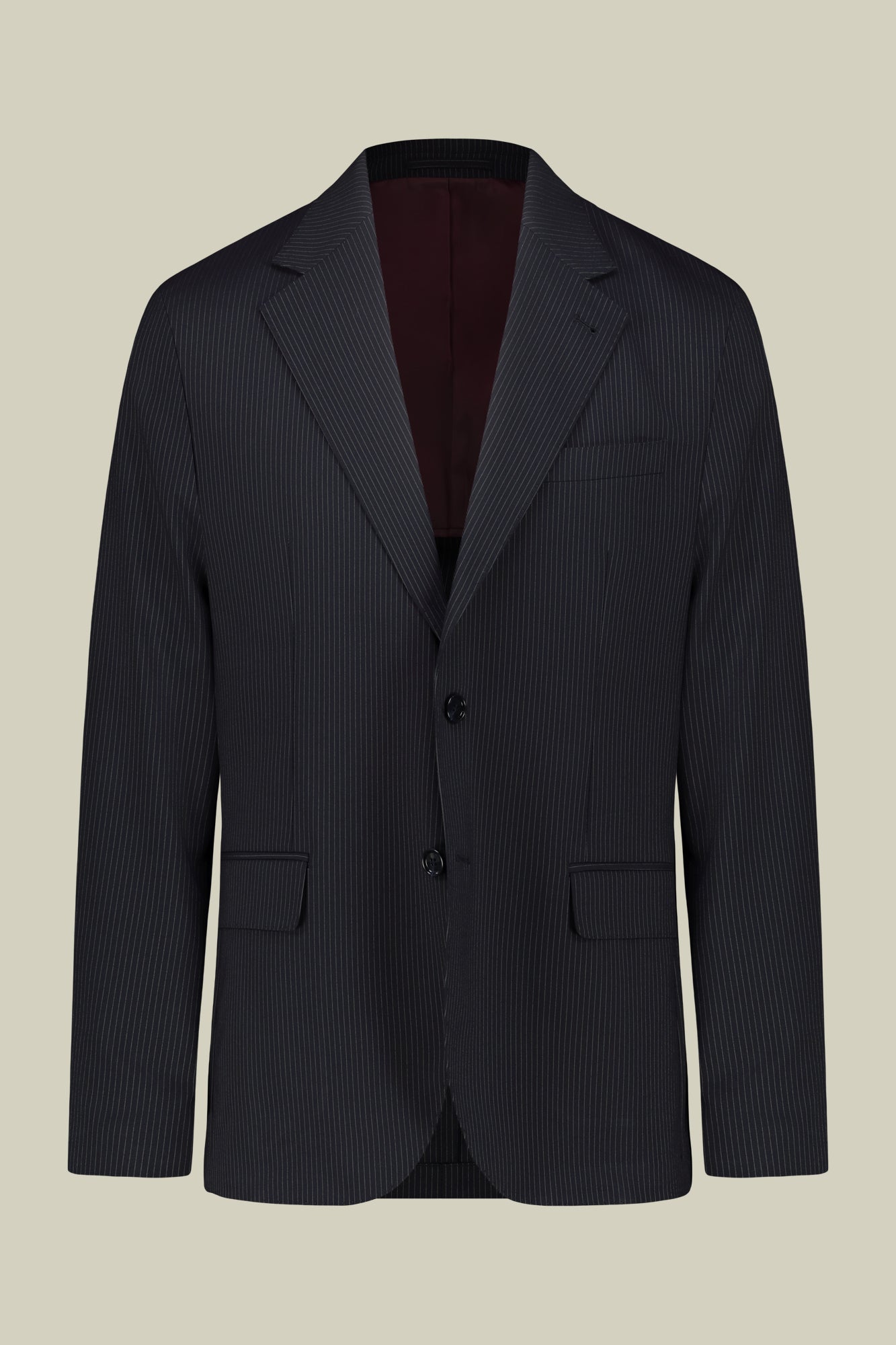 Single-breasted men's suit with flat front trousers in a pinstripe fabric
