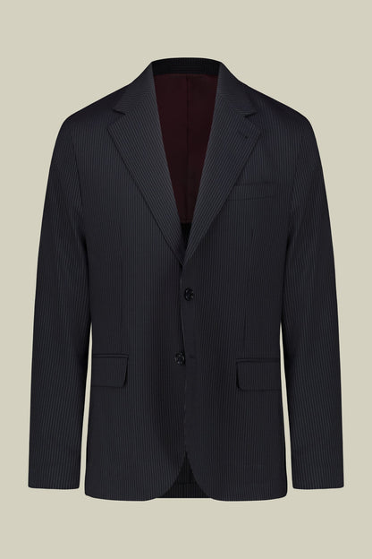 Single-breasted men's suit with flat front trousers in a pinstripe fabric