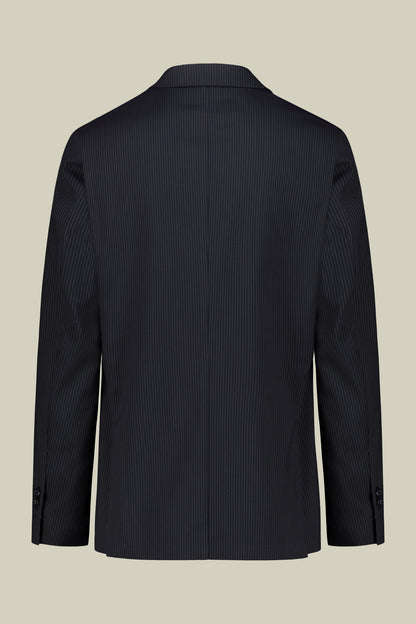 Single-breasted men's suit with flat front trousers in a pinstripe fabric