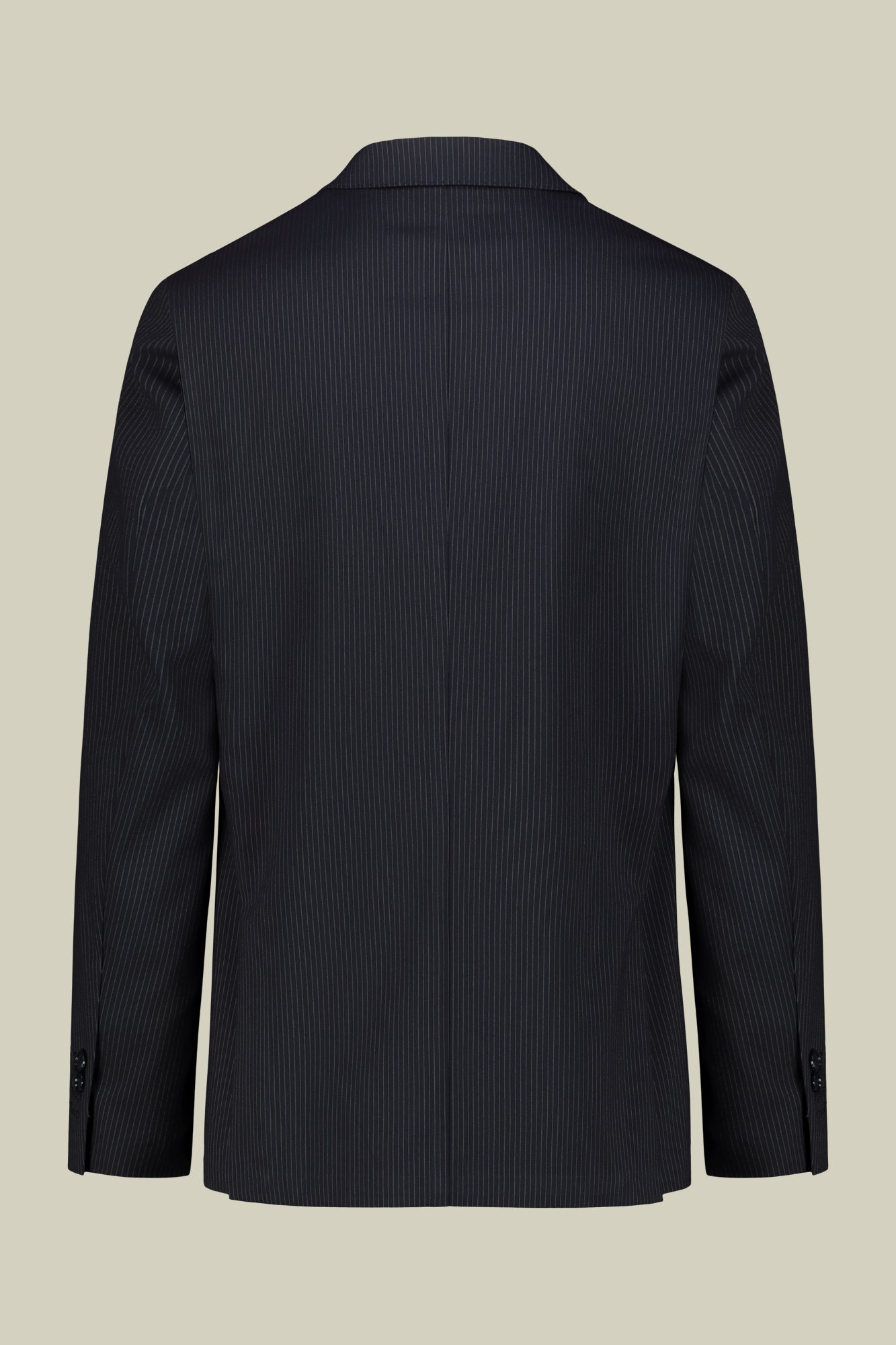 Single-breasted men's suit with flat front trousers in a pinstripe fabric