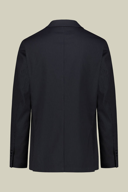 Single-breasted men's suit with flat front trousers in a pinstripe fabric