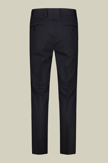 Single-breasted men's suit with flat front trousers in a pinstripe fabric