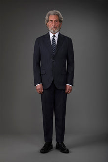 Single-breasted men's suit with flat front trousers in a pinstripe fabric Blue