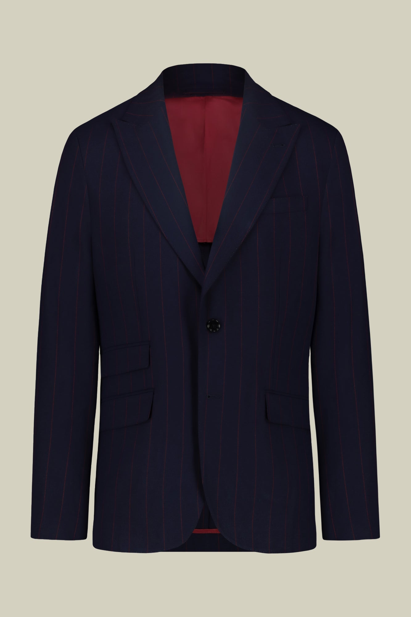 Single-breasted men's suit with single-pleat trousers and side buckles, in a pinstripe fabric