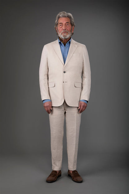 Single-breasted men's suit with flat front trousers, in pure linen with a washed effect
