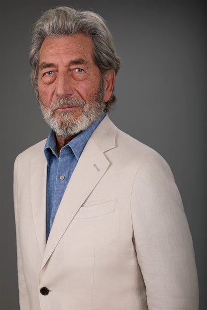 Single-breasted men's suit with flat front trousers, in pure linen with a washed effect