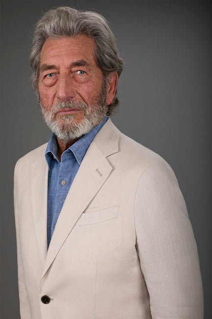 Single-breasted men's suit with flat front trousers, in pure linen with a washed effect