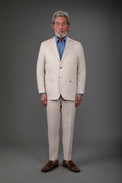 Single-breasted men's suit with flat front trousers, in pure linen with a washed effect