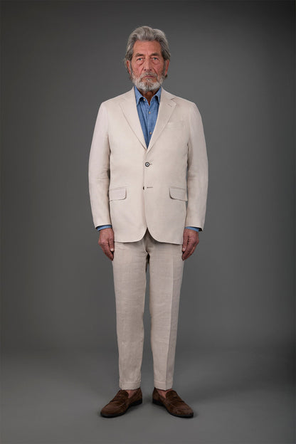 Single-breasted men's suit with flat front trousers, in pure linen with a washed effect Beige
