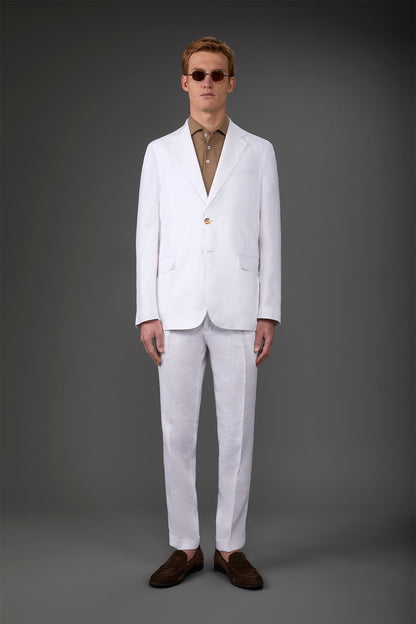 Single-breasted men's suit with flat front trousers, in pure linen with a washed effect
