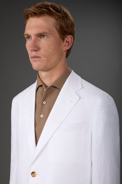 Single-breasted men's suit with flat front trousers, in pure linen with a washed effect