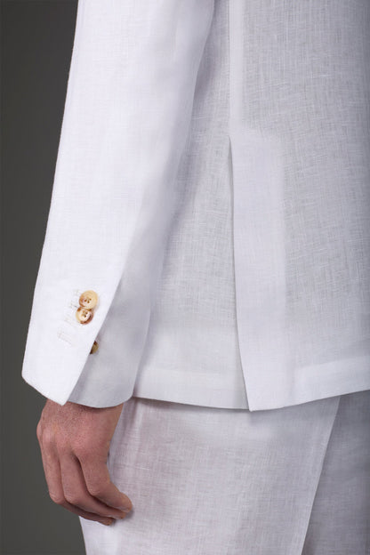 Single-breasted men's suit with flat front trousers, in pure linen with a washed effect