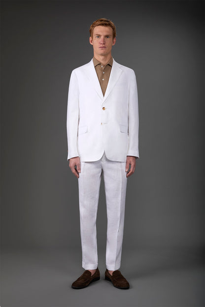 Single-breasted men's suit with flat front trousers, in pure linen with a washed effect White