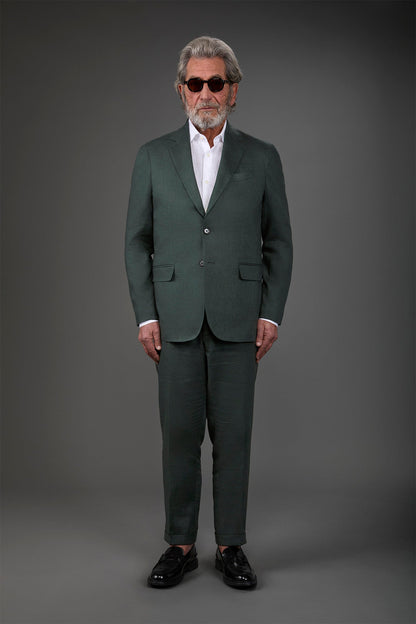 Single-breasted men's suit with flat front trousers, in pure linen with a washed effect