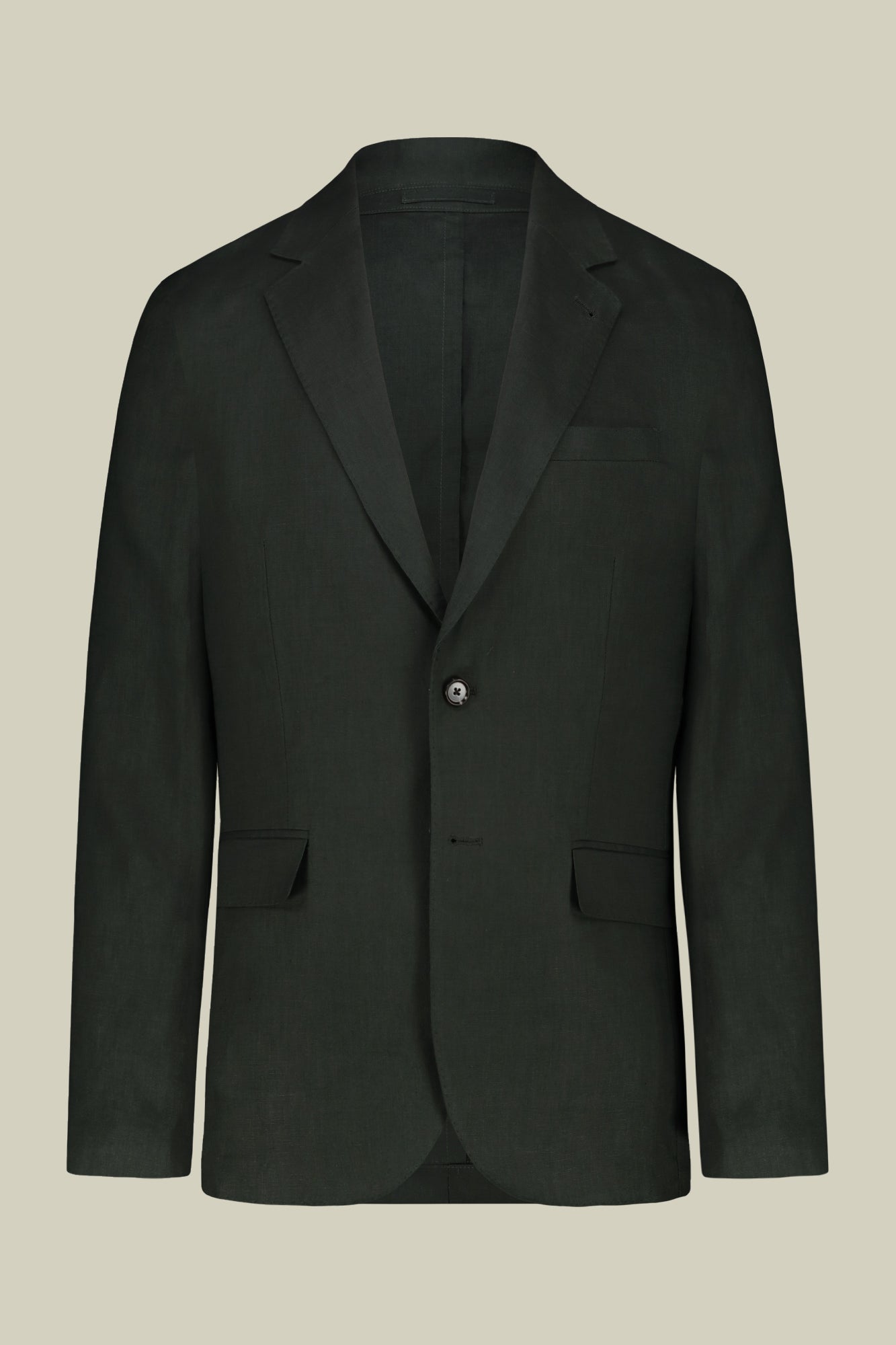 Single-breasted men's suit with flat front trousers, in pure linen with a washed effect