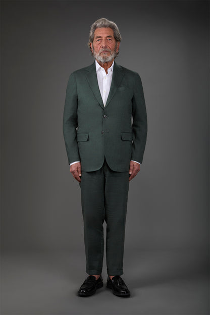 Single-breasted men's suit with flat front trousers, in pure linen with a washed effect