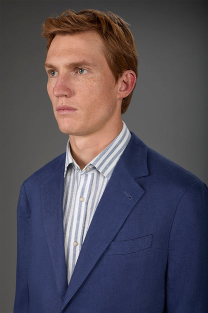 Single-breasted men's suit with flat front trousers, in pure linen with a washed effect