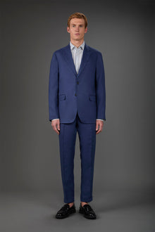 Single-breasted men's suit with flat front trousers, in pure linen with a washed effect Royal