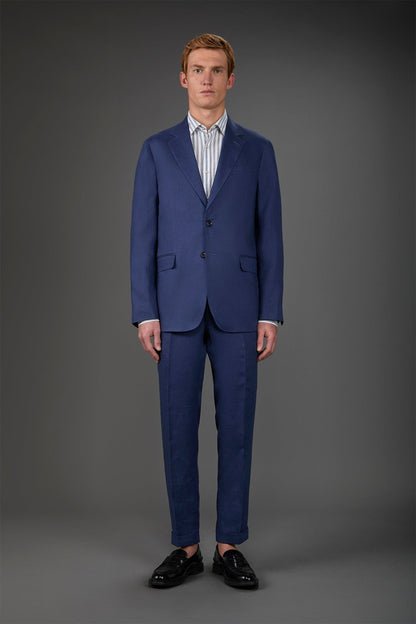 Single-breasted men's suit with flat front trousers, in pure linen with a washed effect Royal