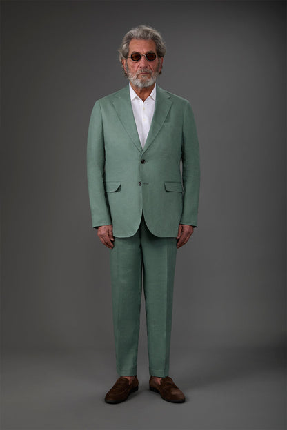Single-breasted men's suit with flat front trousers, in pure linen with a washed effect