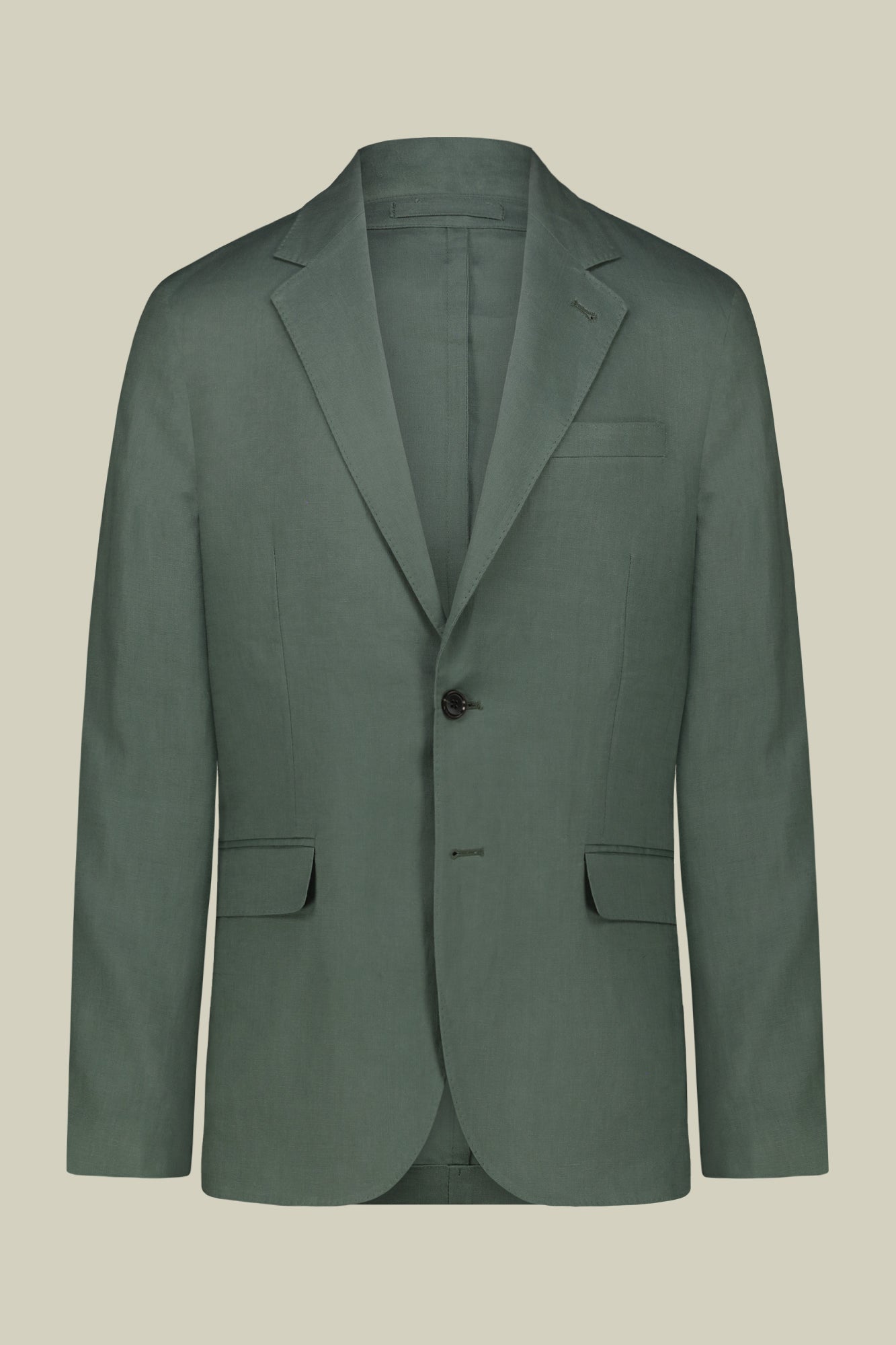 Single-breasted men's suit with flat front trousers, in pure linen with a washed effect