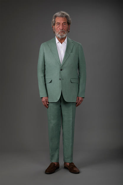 Single-breasted men's suit with flat front trousers, in pure linen with a washed effect
