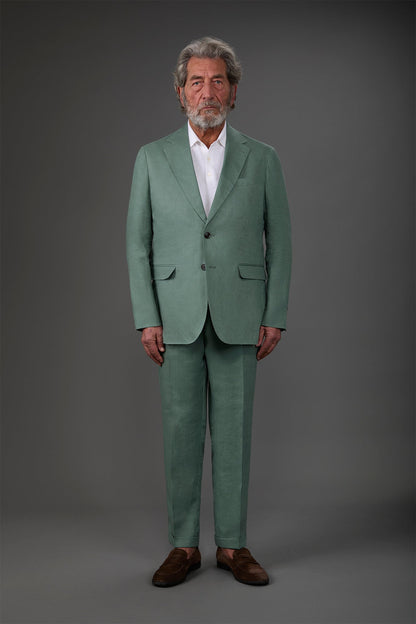 Single-breasted men's suit with flat front trousers, in pure linen with a washed effect Sage Green