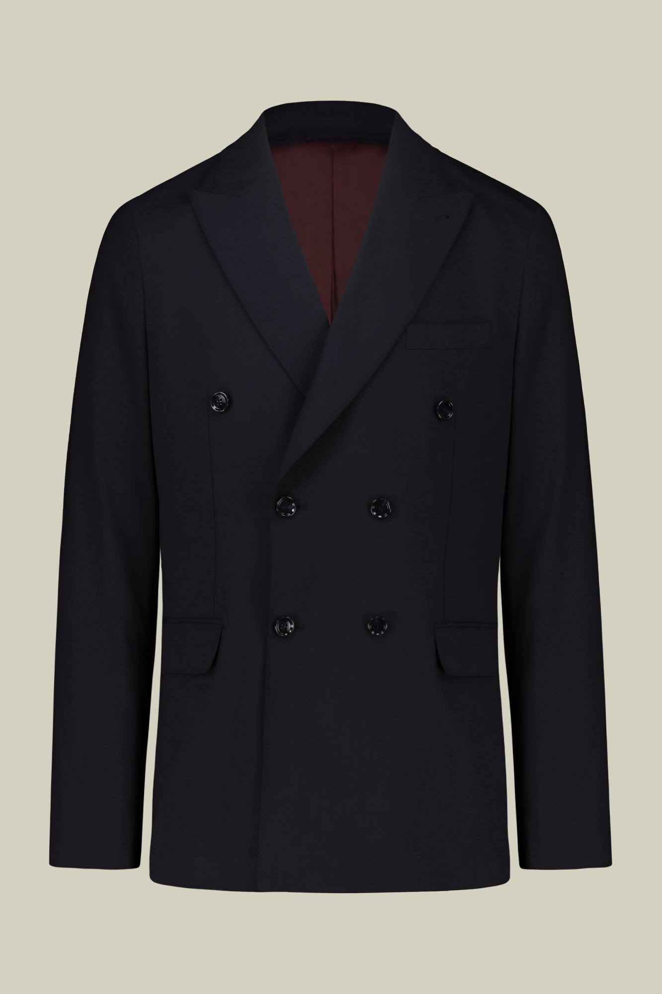 Double-breasted men's suit with single-pleat trousers in two-way stretch fabric