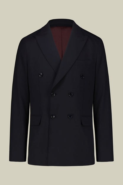 Double-breasted men's suit with single-pleat trousers in two-way stretch fabric